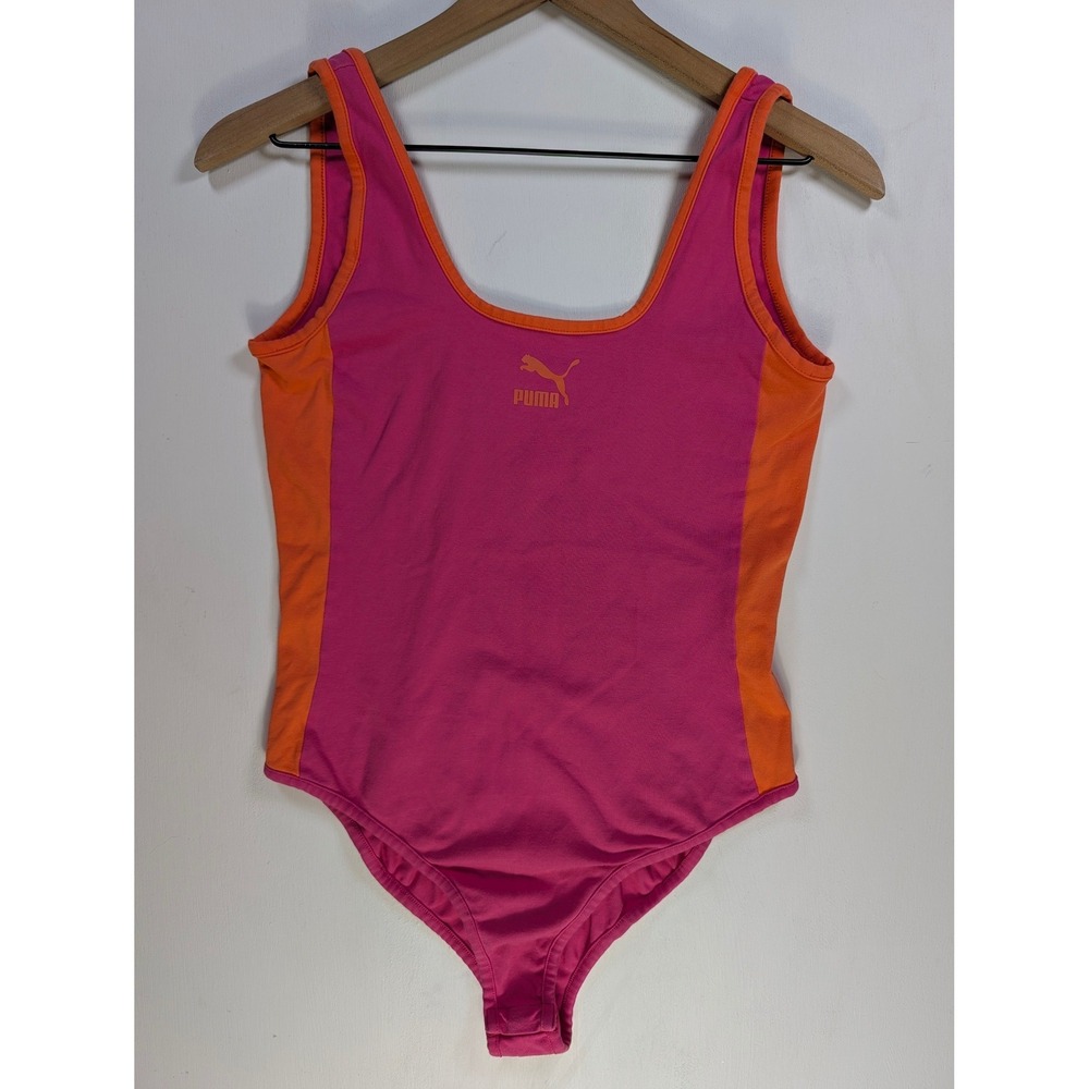 Puma Womens Pink Orange Colorblock Sleeveless Bodysuit Scoop Neck Size Small